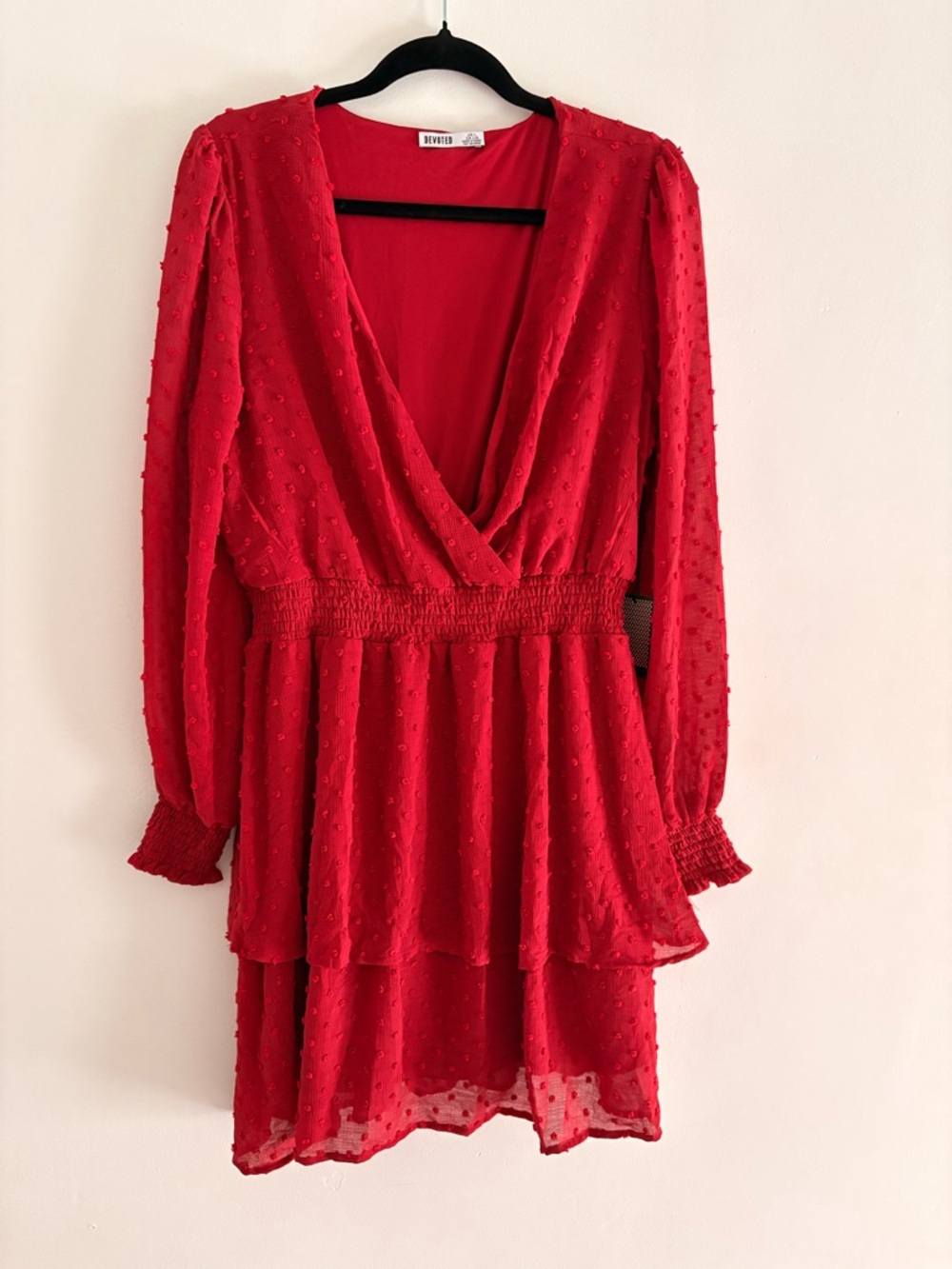 Devoted Red Swiss Dot Long Sleeve V Neck Mini Dress BNWT Size L